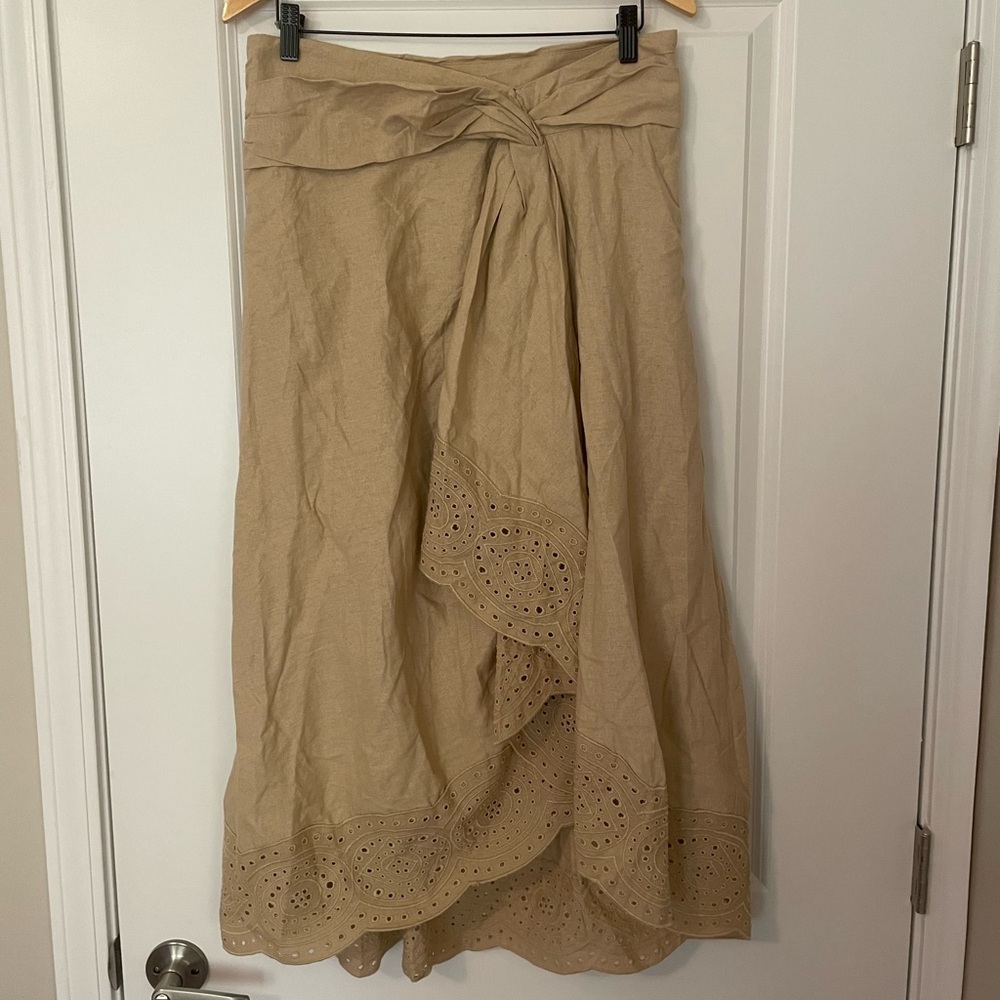 Jason Wu Linen Blend Elegant Tan Midi Skirt with Eyelet Detail